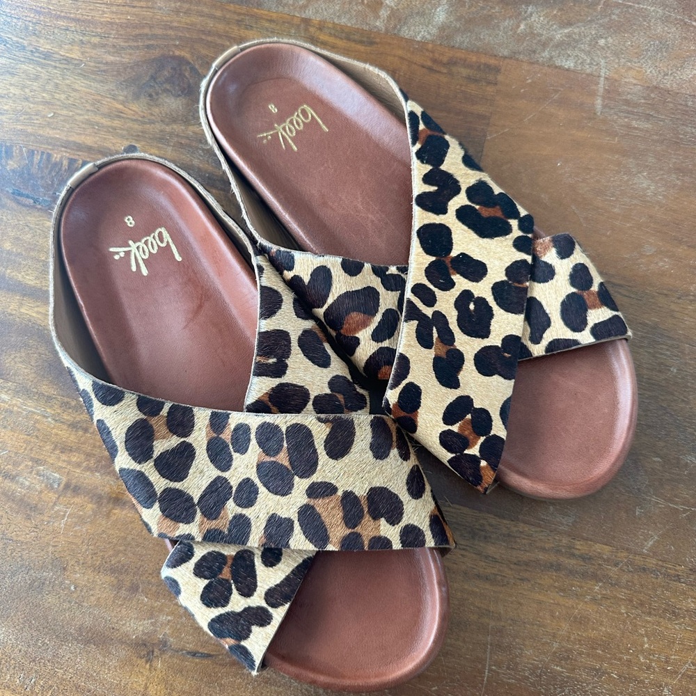 Beek Robin Leopard Print Animal Calf Hair Crossover Sandals ladies size 8